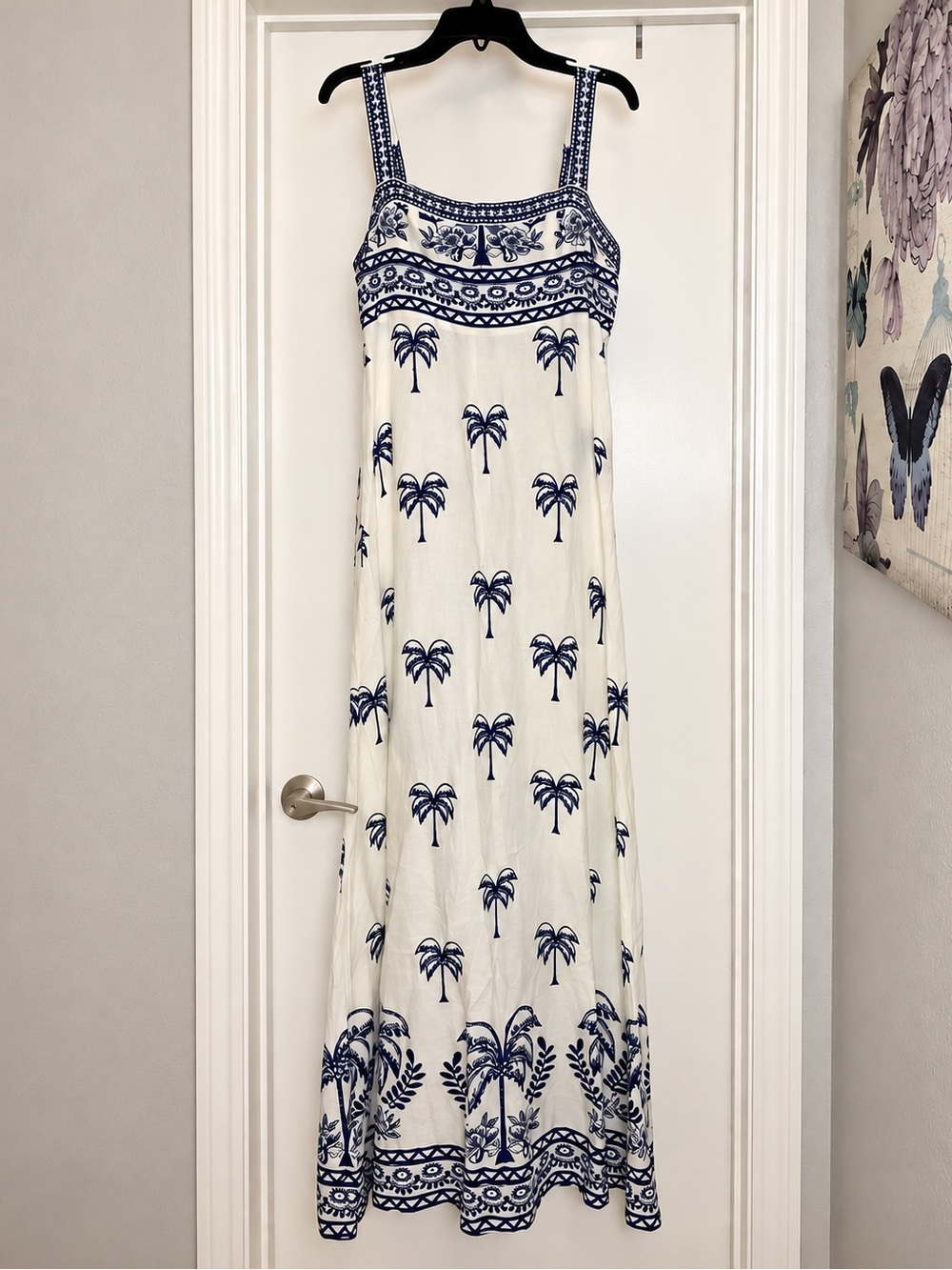 Shore Brand Delphine Palmcourt Navy White Tropical Resort Linen Maxi Dress NWT S
